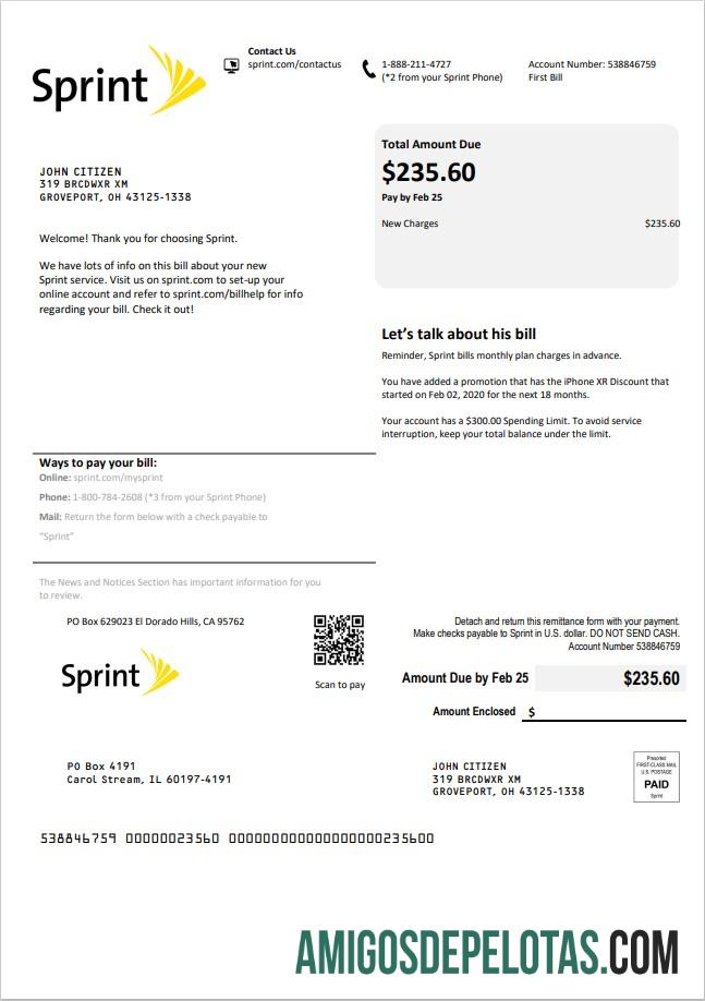 realista Modelo de conta de serviços públicos USA Sprint (T Mobile) em formato Word e PDF